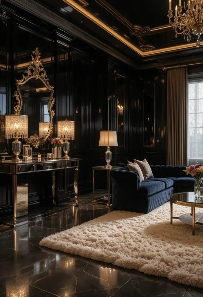 Black living room with mirrored console table mirrored side table crystal lamps and cream rug glamorous style
