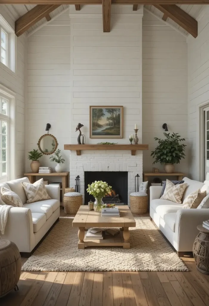 Classic white shiplap wall paneling in a cozy farmhouse-style living room.