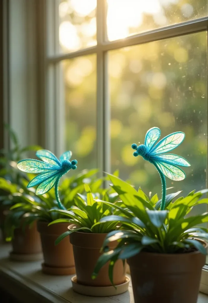  Handmade iridescent teal pipe cleaner dragonflies with shimmery wings displayed in green indoor plant pots on a sunny windowsill
