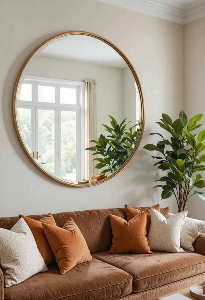 Large brass framed round mirror above brown sofa with cream and terracotta cushions and tall indoor plant in bright living room