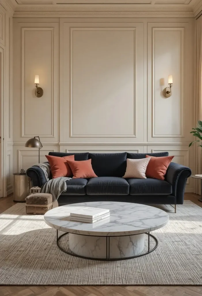 Black velvet sofa with blush and cream cushions marble coffee table and warm pendant light