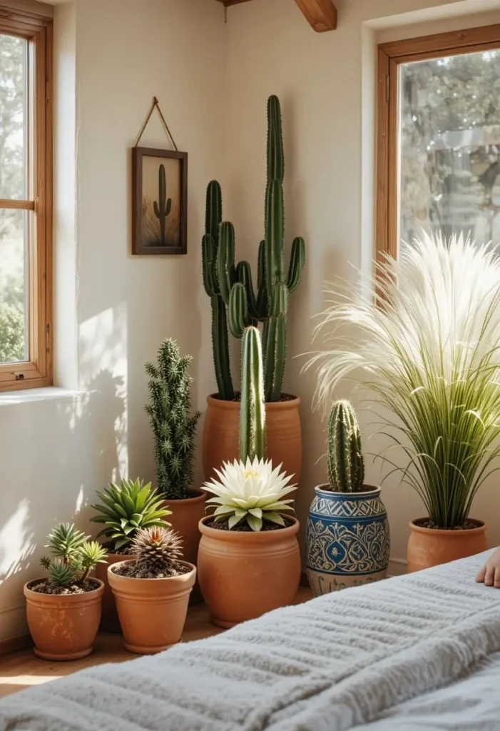 Desert plants and cacti in a rustic western bedroom corner

