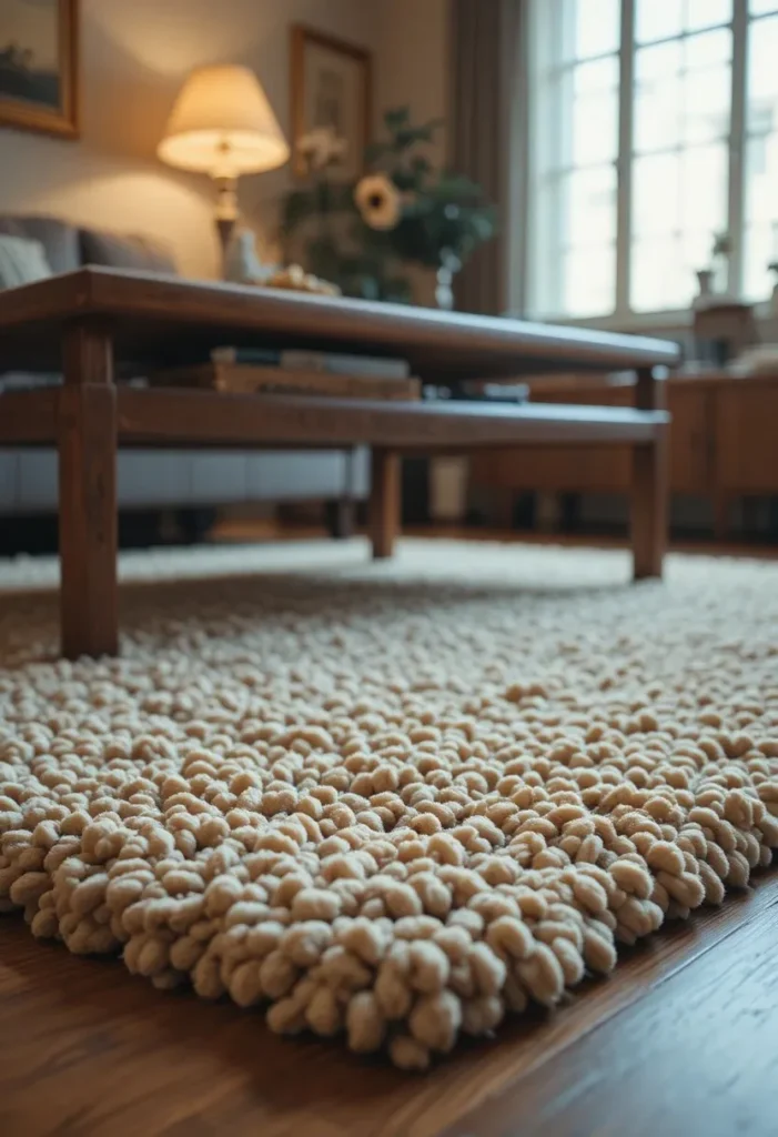 Thick shag rug texture in a retro 70s living room
