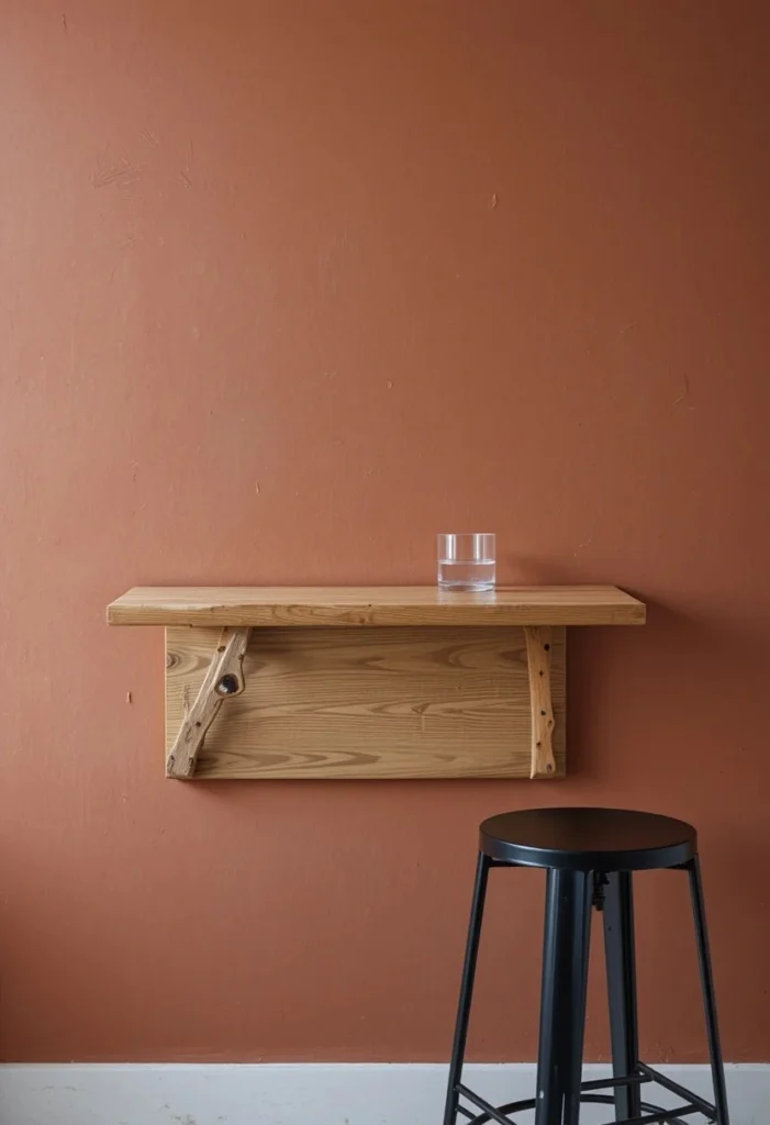 Wall-mounted fold-down oak table on a terracotta kitchen wall with a black bar stool in a small modern kitchen
