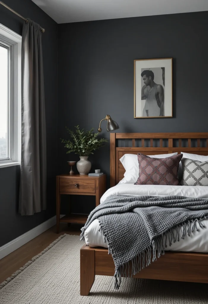 Charcoal gray teen bedroom wall with warm wood furniture and brass accents
