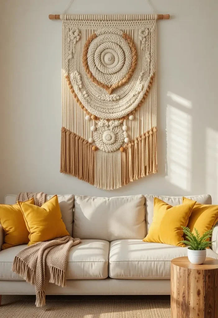  Large macramé wall hanging above boho sofa styled with terracotta and mustard cushions and indoor plant
