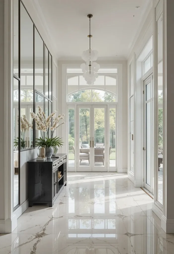 Mirror wall panels making a small space appear larger and brighter.