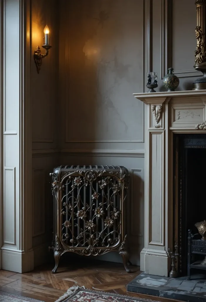 Vintage ornate cast iron style radiator cover in aged bronze with floral scrollwork detail in a classic period style living room
