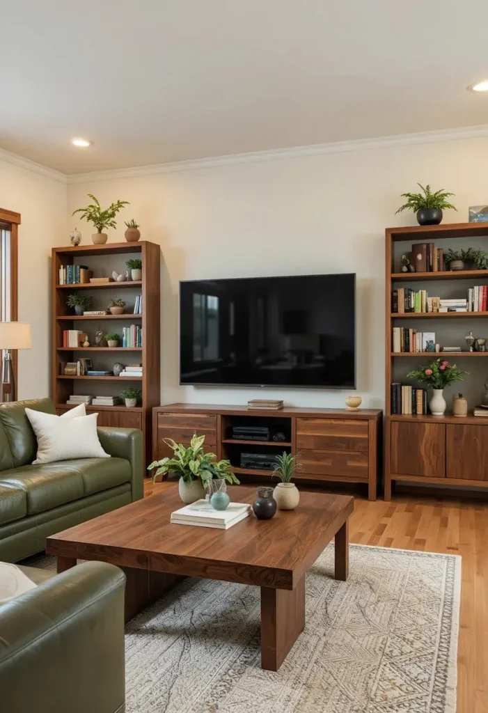 Green leather sofa paired with walnut coffee table and natural wood textures creating a warm organic living room