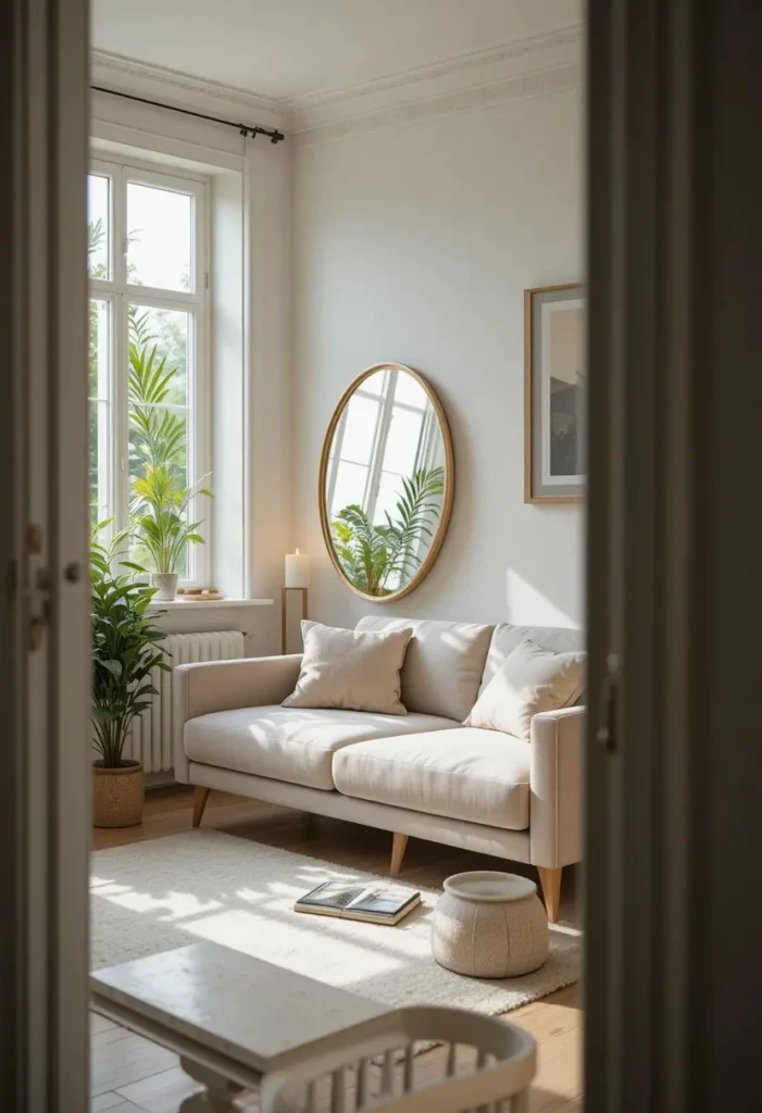 Tiny apartment living room with a large round gold mirror reflecting natural light and making the small space feel visually twice as large and bright.