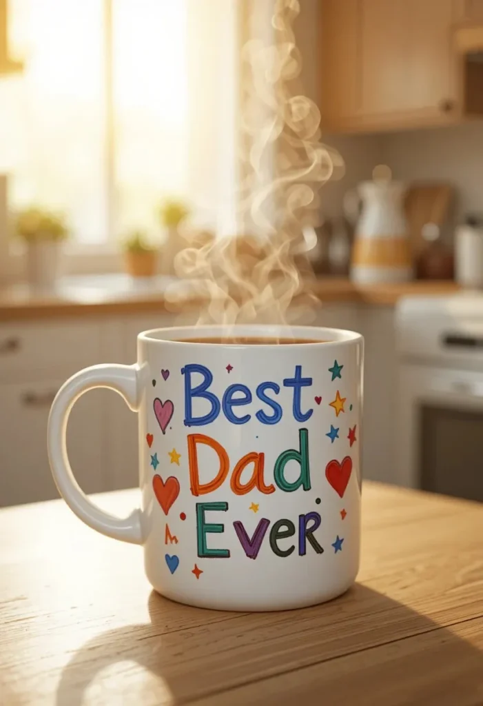 Personalized coffee mug fathers day craft for kids with Best Dad Ever painted in colorful markers