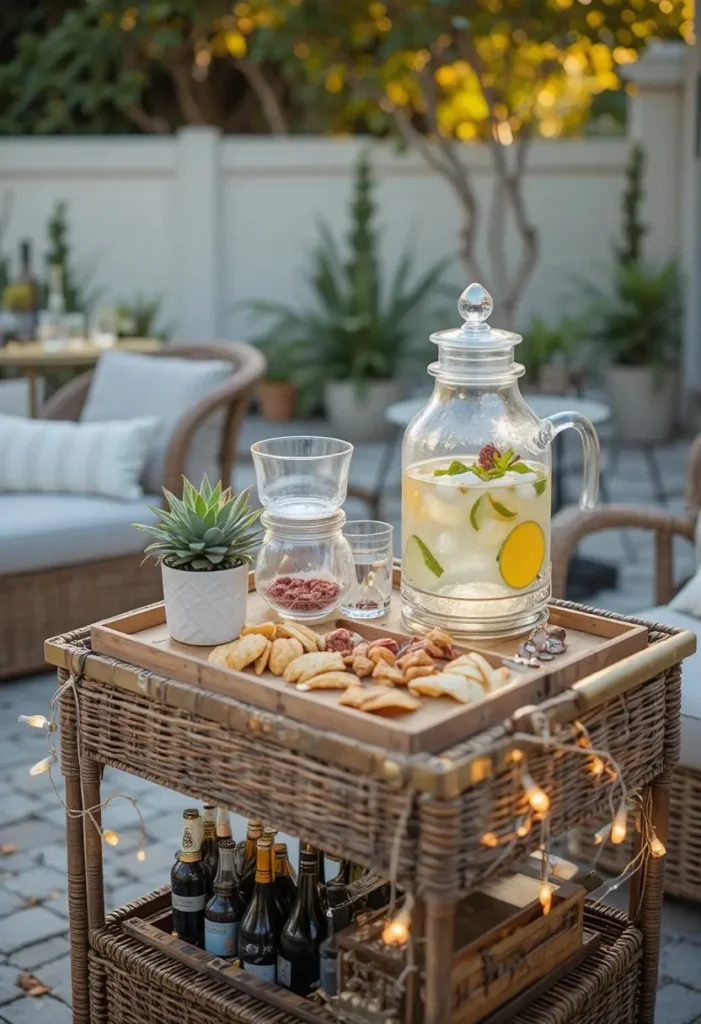 Stylish outdoor patio bar cart with a drink dispenser stacked glasses succulent and string lights
