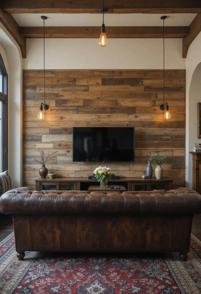 Reclaimed wood plank wall behind TV in a warm rustic living room with Edison bulb lighting

