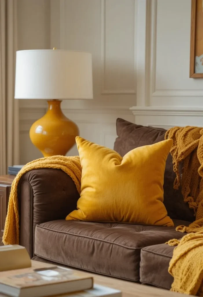Brown couch accented with mustard yellow velvet cushions ceramic lamp and knit throw in warm cheerful living room setting