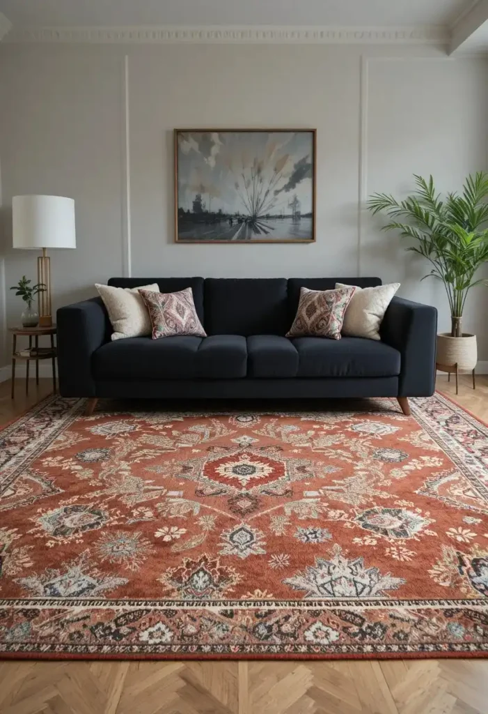 Black couch paired with a bold patterned area rug
