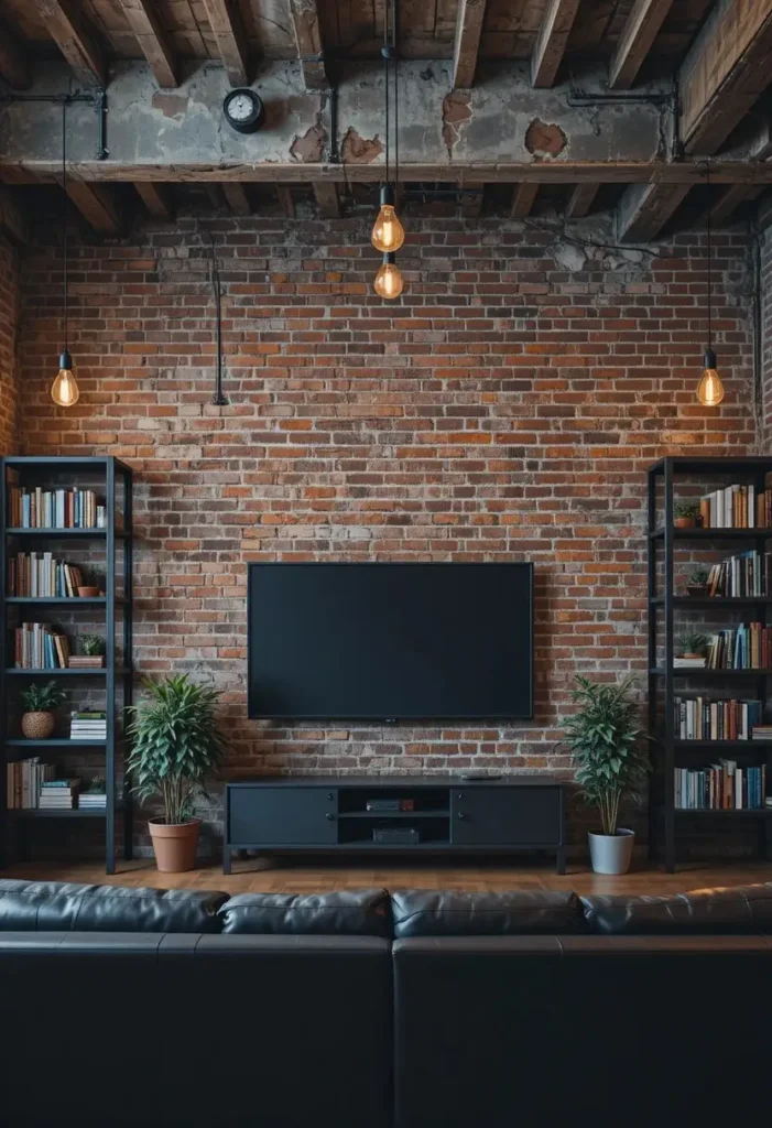 Exposed brick TV wall with black metal shelving Edison bulb lighting and leather sofa in an urban industrial living room