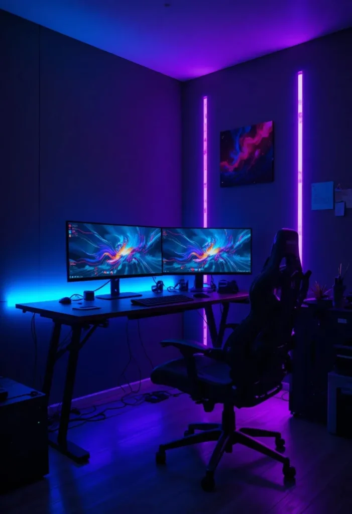 Teen boy gaming setup with dual monitors and colorful LED strip lights