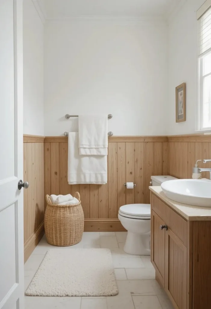 Small full bathroom with cohesive white and natural wood color palette featuring beige accents and clean minimal decor