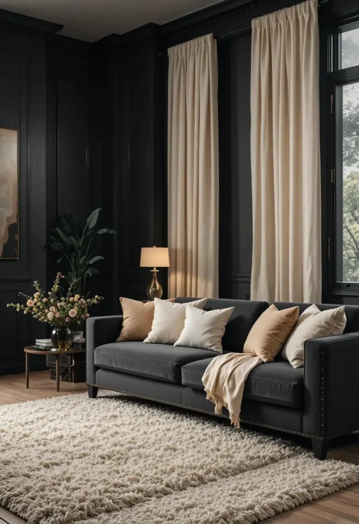 Black walls with cream linen curtains ivory rug and oatmeal cushions elegant living room
