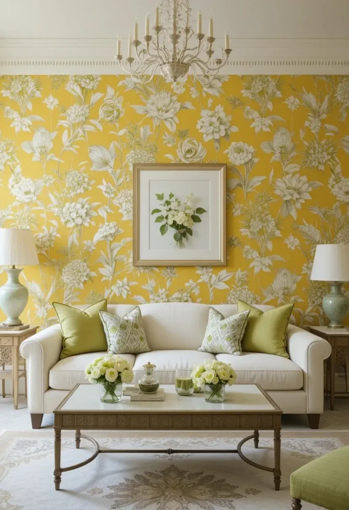 Yellow floral wallpaper creating a bold focal point in a living room.
