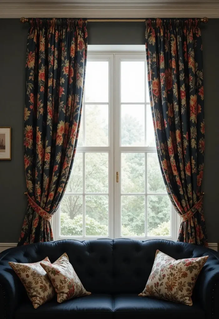 Black couch living room with patterned drapes framing the window
