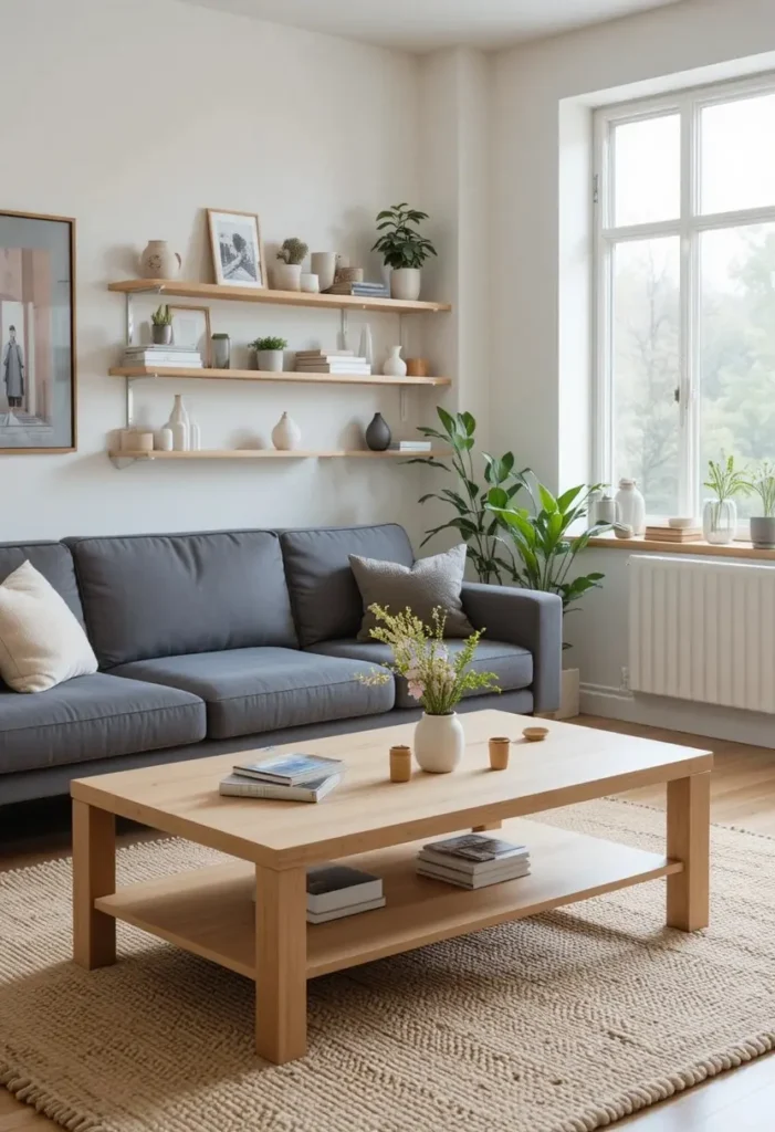 Grey couch living room with natural wood coffee table Scandinavian style shelves and soft wool rug