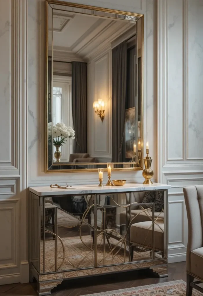  Elegant mirrored radiator cover with marble top and gold accents reflecting warm light in a small stylish living room
