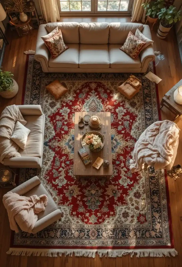 Vintage Persian rug in cozy living room anchoring neutral sofa and wooden coffee table