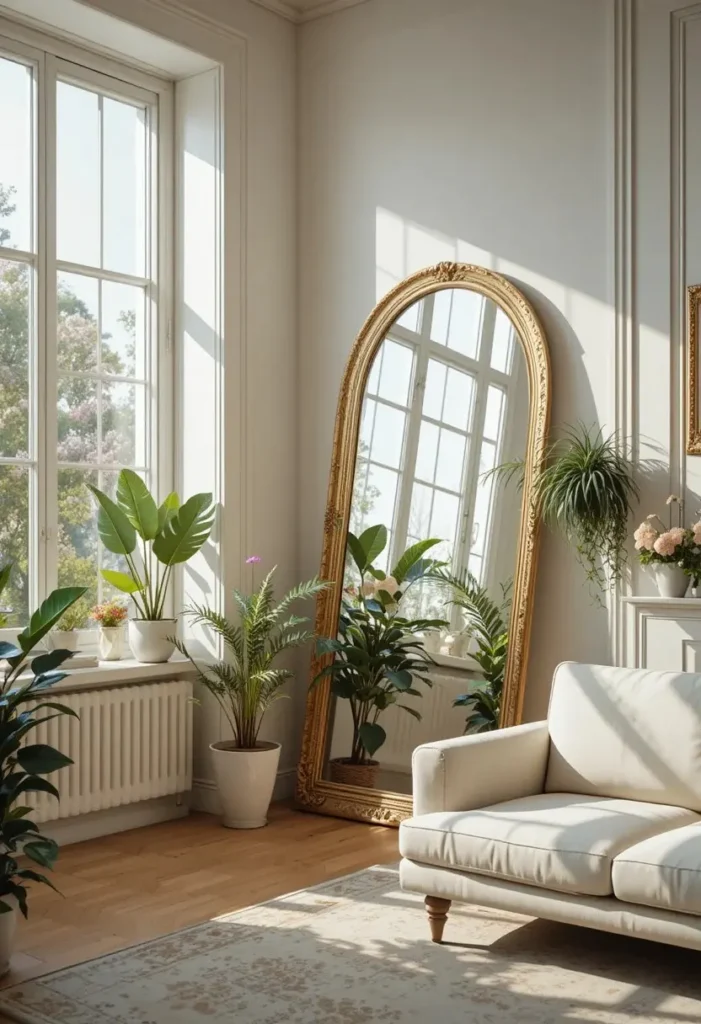 Large round gold mirror in bright living room reflecting natural light beside window and plants
