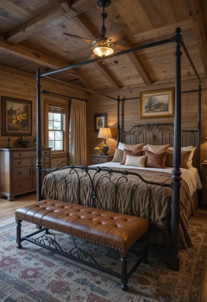 Bedroom featuring leather bench and rustic western decor accents
