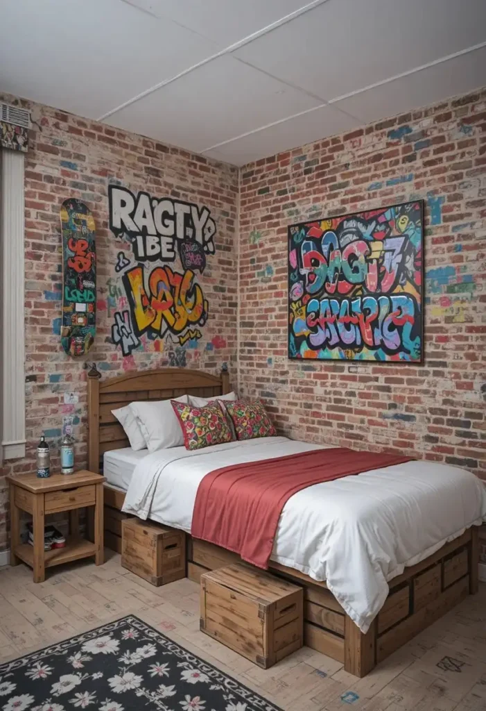 Skater style teenage bedroom with skateboard wall art and brick wallpaper