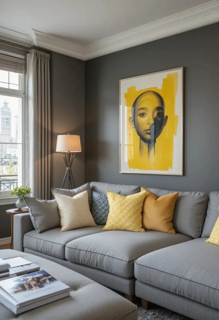 Grey living room enhanced with yellow accents and modern decor.

