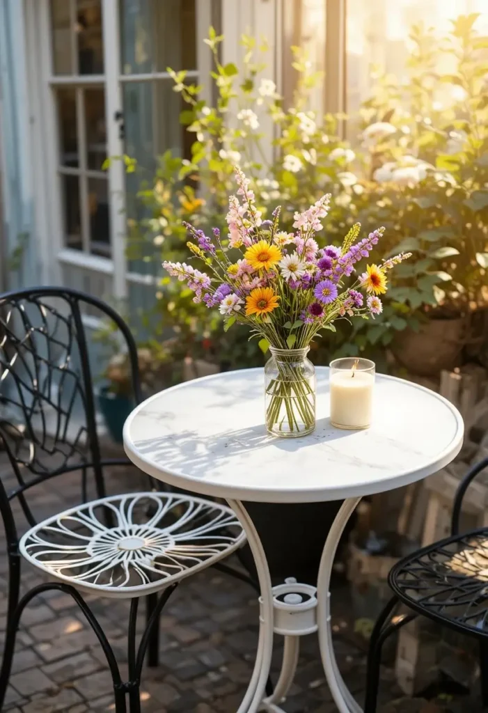 Small outdoor dining area on a patio with a bistro table for two decorated with fresh flowers and candles
