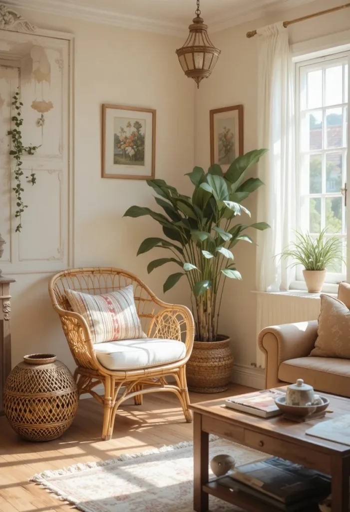 Rattan chair and wicker basket in retro 70s living room