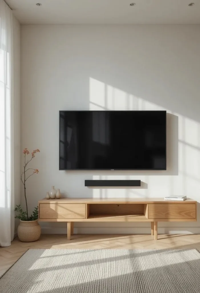 Minimalist white wall with TV on invisible mount and natural oak console in a Japandi style living room