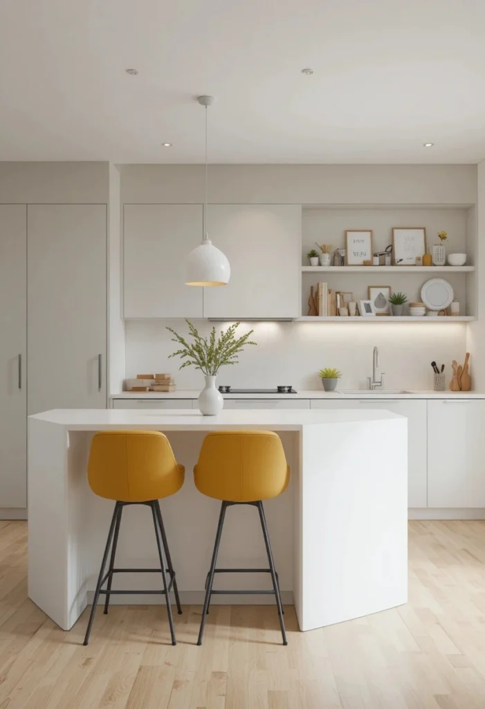 Mustard yellow kitchen accents including stools and decor in a modern neutral kitchen.
