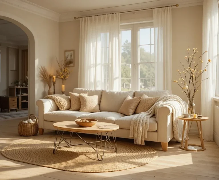 Cozy apartment living room with cream walls, linen sofa, jute rug, and warm natural light perfect for small space decorating inspiration.
