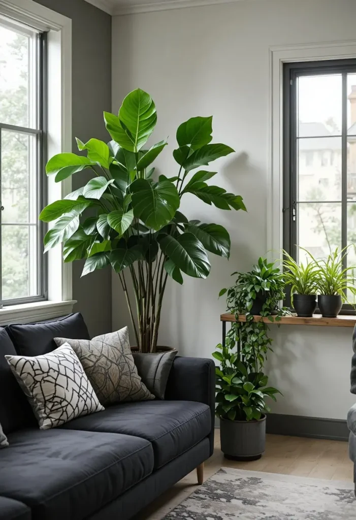  Black couch living room decorated with green leafy plants
