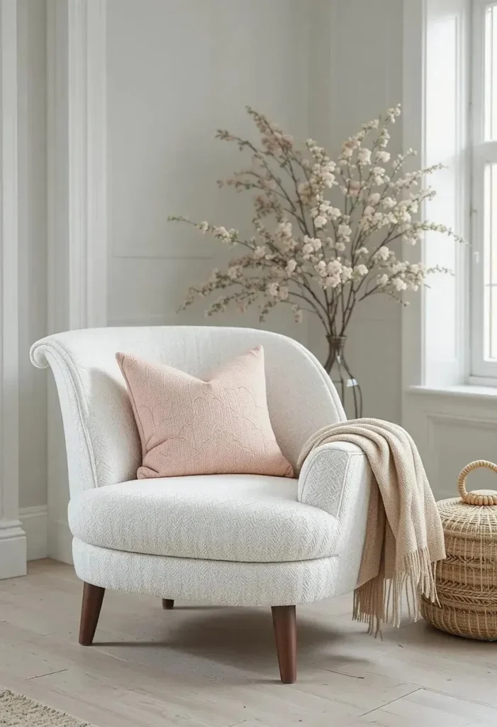 "Caramel accent chair with matching ottoman and wooden tray in a warm cozy living room"
