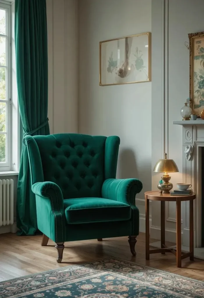 "Deep emerald green velvet accent chair in a cozy living room corner with warm lamp light"
