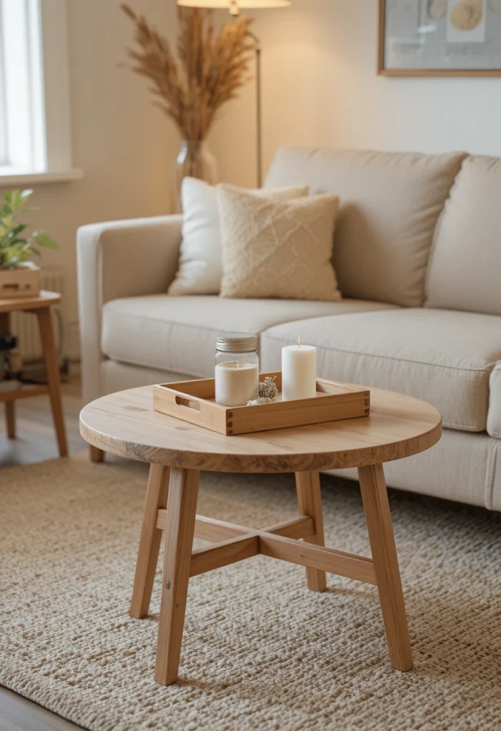 Small round light wood coffee table in a cozy small living room improving traffic flow and keeping the space open and uncluttered.