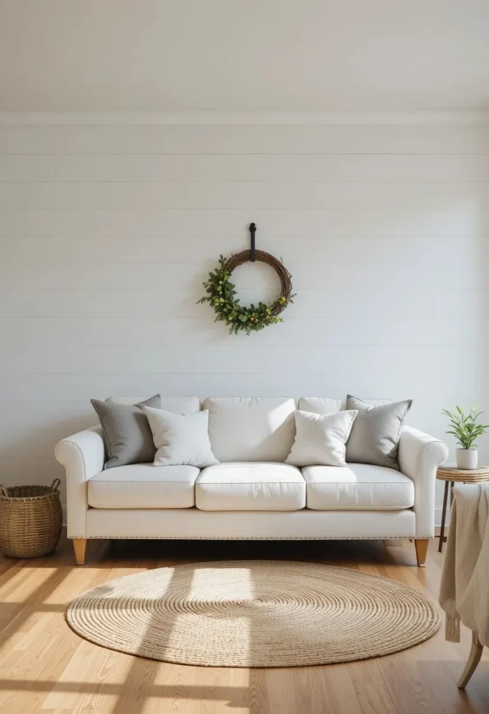 Farmhouse living room with white shiplap accent wall cream sofa wooden wreath and jute rug