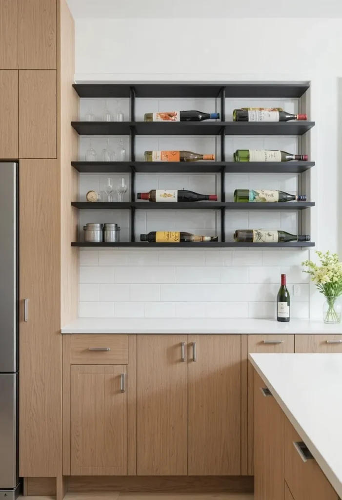 Minimalist black metal wall wine rack displayed in a modern white kitchen.
