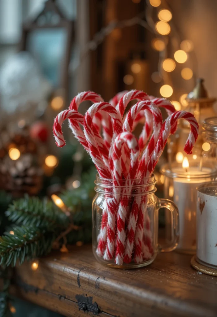 Handmade red and white pipe cleaner candy canes arranged in a mason jar on a wooden Christmas mantle with fairy lights
