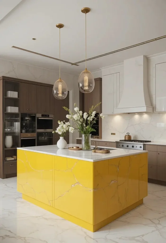 Bold yellow kitchen island with marble top in a modern elegant kitchen.
