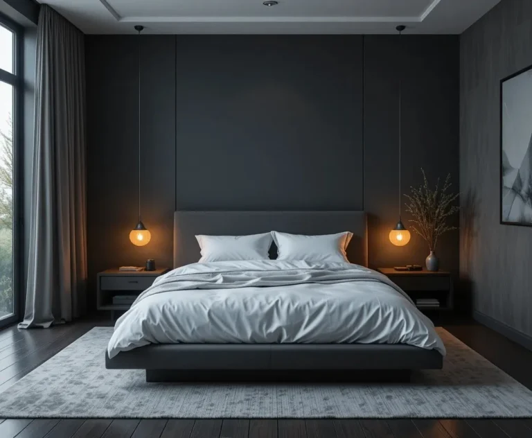 Dark charcoal bedroom with white bedding and warm amber lighting for men