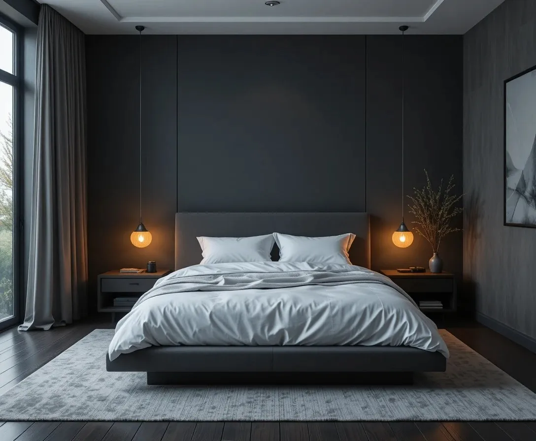Dark charcoal bedroom with white bedding and warm amber lighting for men