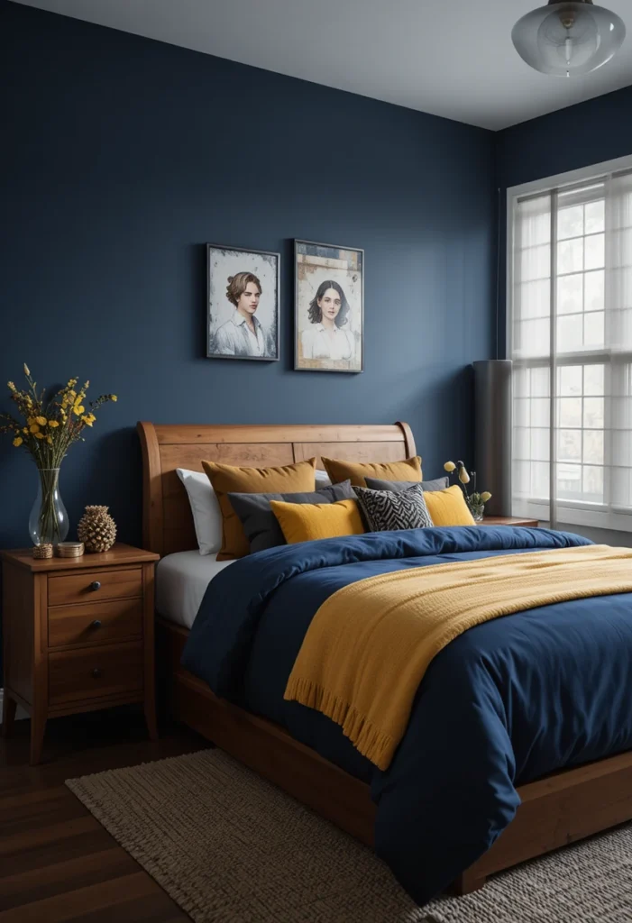 Navy blue and mustard yellow color palette in teenage boy bedroom
