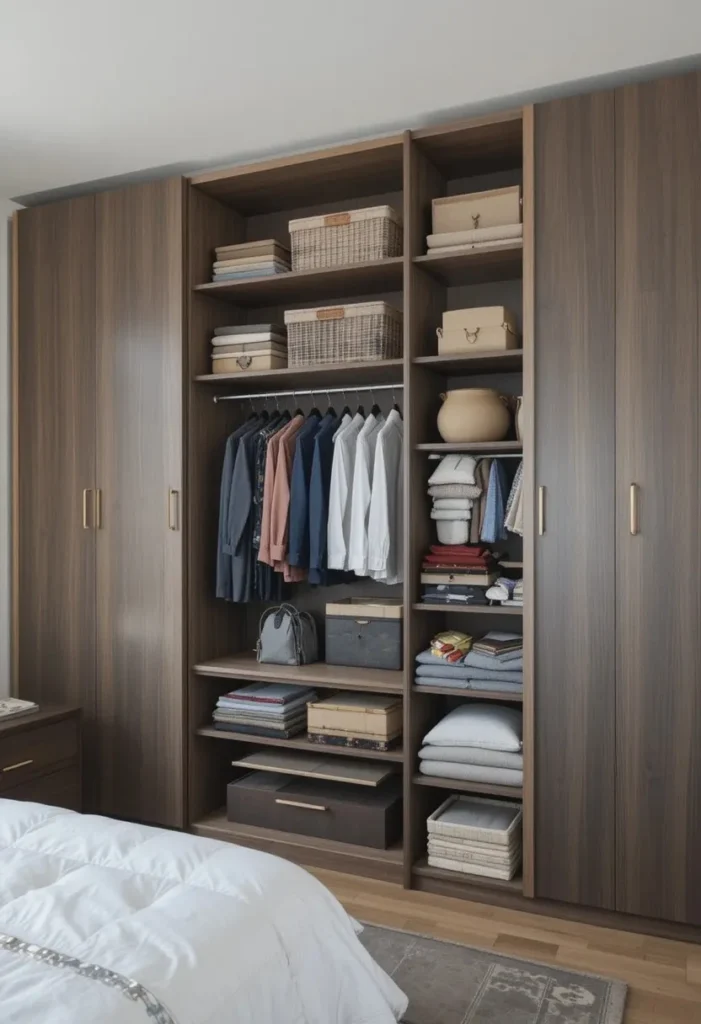 Wardrobe combining open shelves and closed storage for stylish organization

