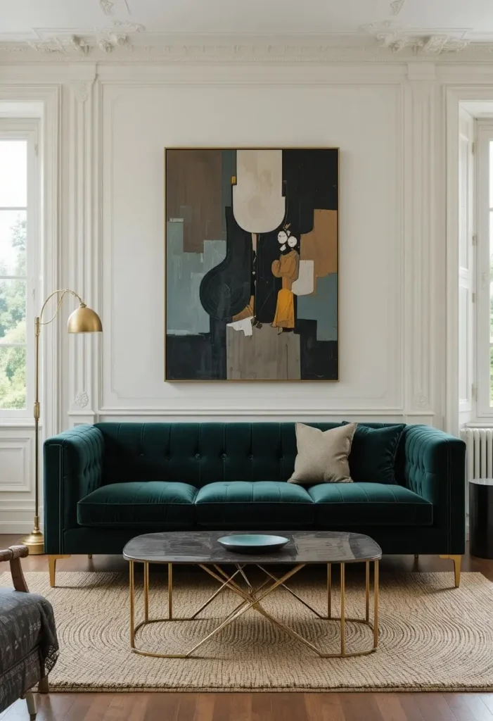 Forest green velvet statement sofa in elegant living room with cream walls and brass lamp